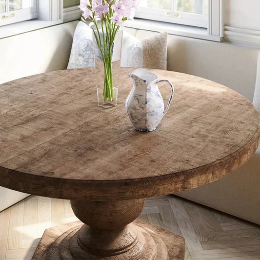 Reclaimed Pine Wood Round Pedestal Dining Table - White Glove Included.