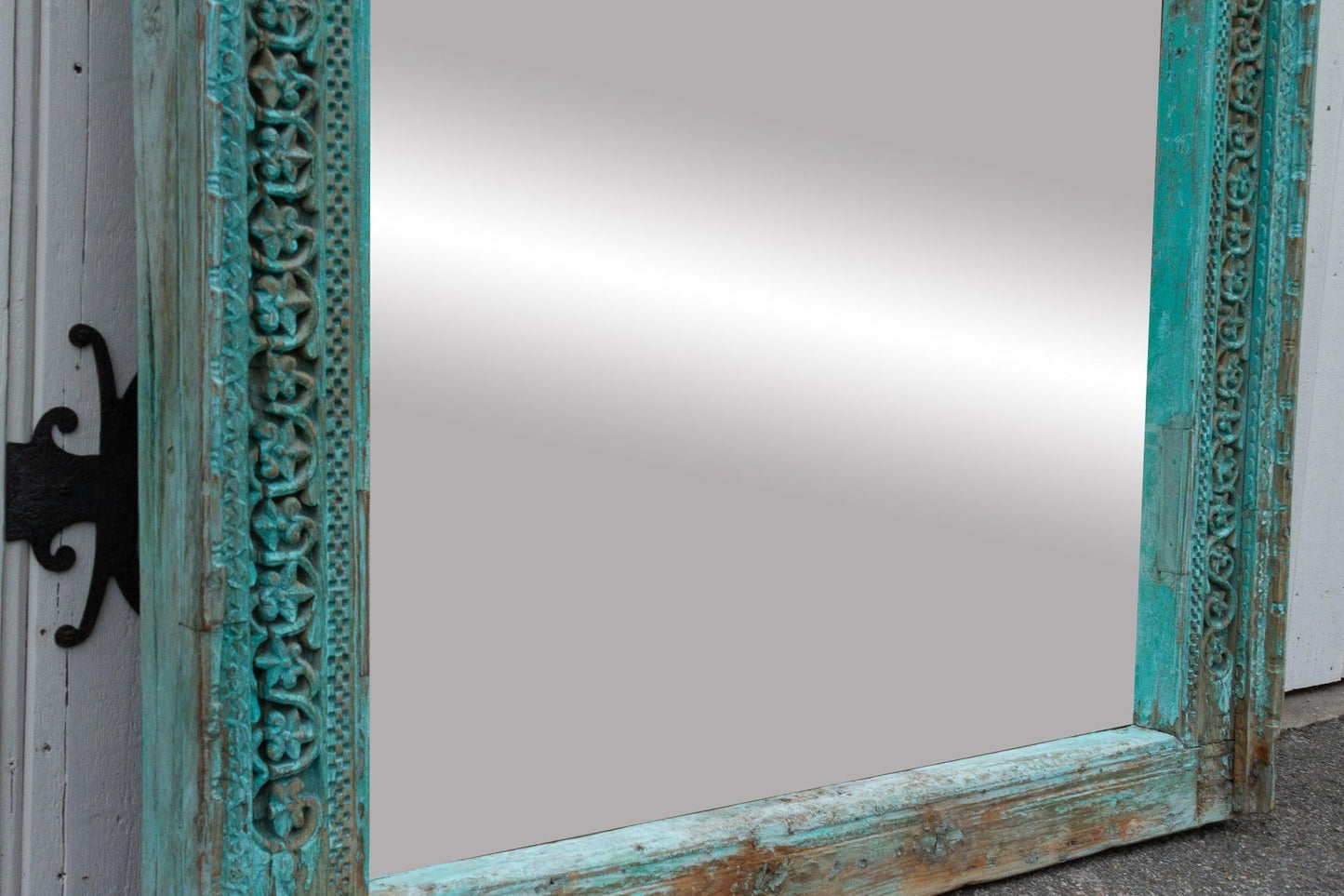 19th Century Indo-French Aqua Carved Floor Mirror-tbgypsysoul