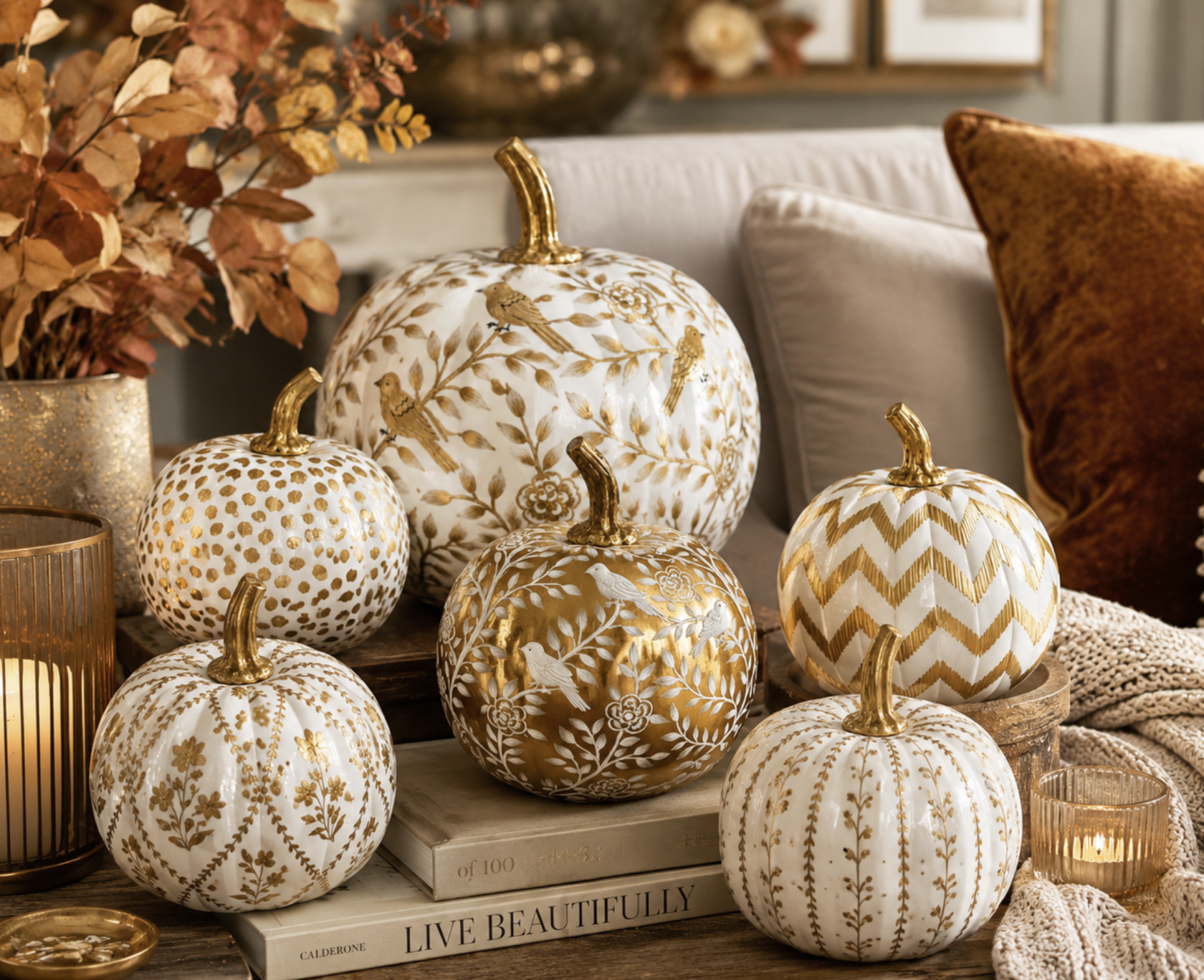 A styled collection of decorative pumpkins in white and gold, featuring various patterns like chevrons, dots, and floral motifs, arranged on a table with books, candles, and autumn decor.