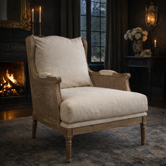 Whitewash oak cane accent chair with cream linen blend cushion and white glove delivery included.