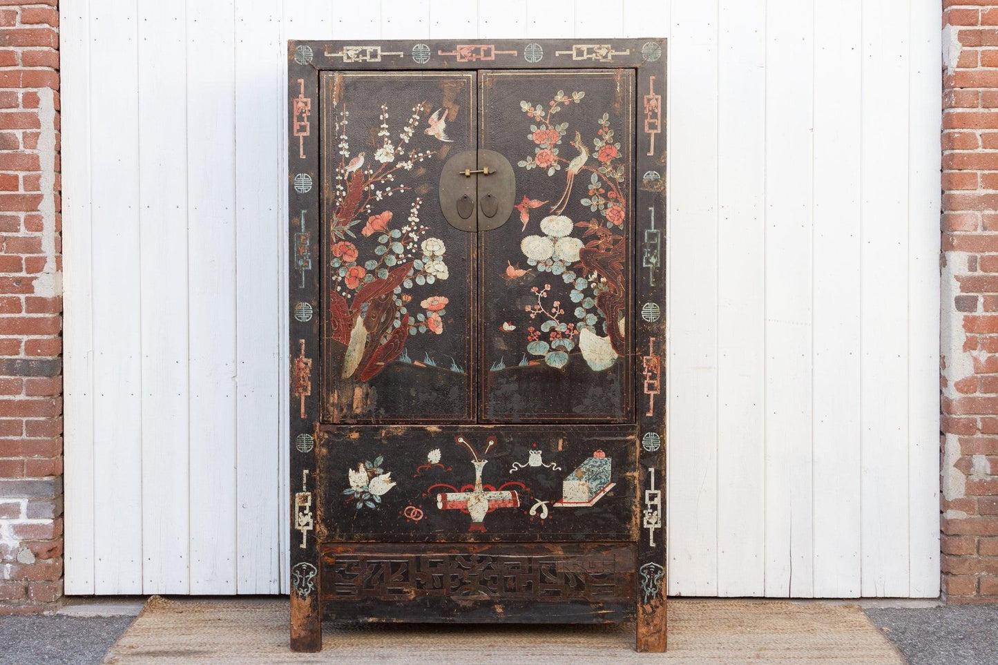 Antique Black & Floral Chinoiserie Armoire-Antique Cabinet-tbgypsysoul