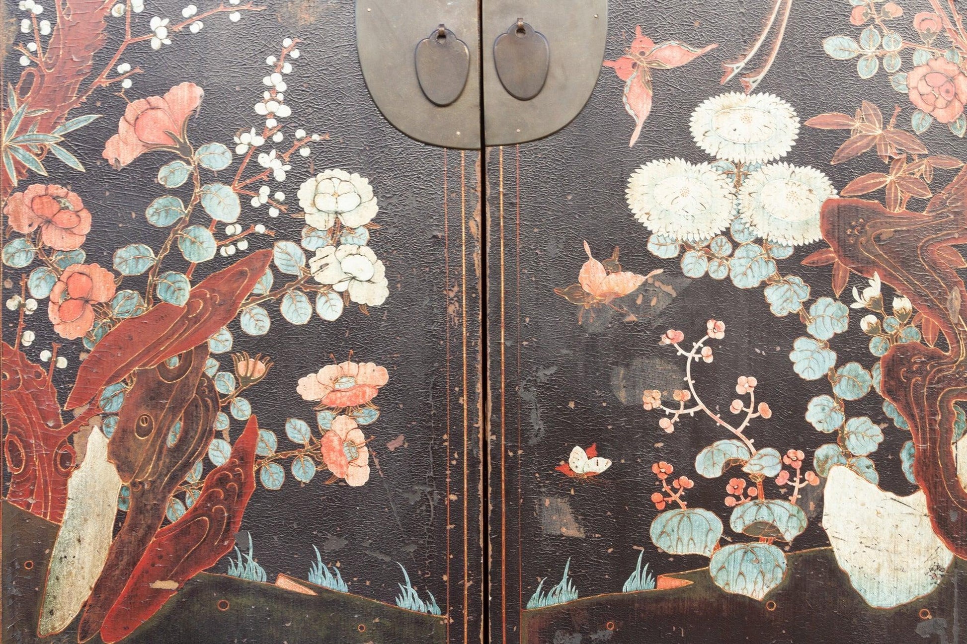 Antique Black & Floral Chinoiserie Armoire-Antique Cabinet-tbgypsysoul