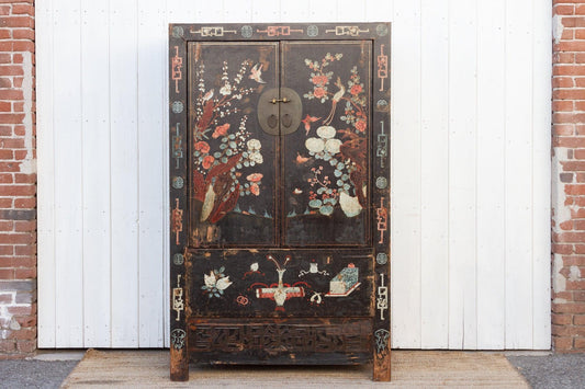 Antique Black & Floral Chinoiserie Armoire-Antique Cabinet-tbgypsysoul