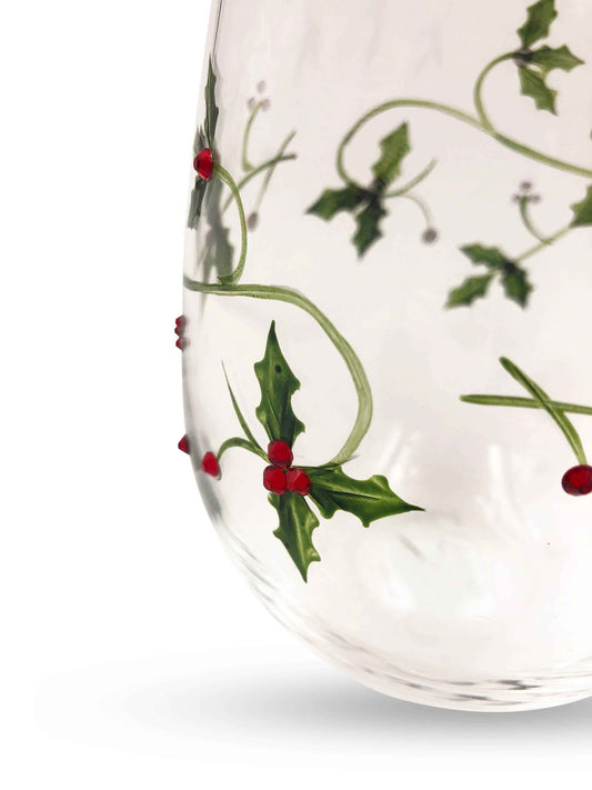 Christmas Holly Stemless Wine Glasses-Wine Glasses > Stemless > Painted & Jeweled-tbgypsysoul