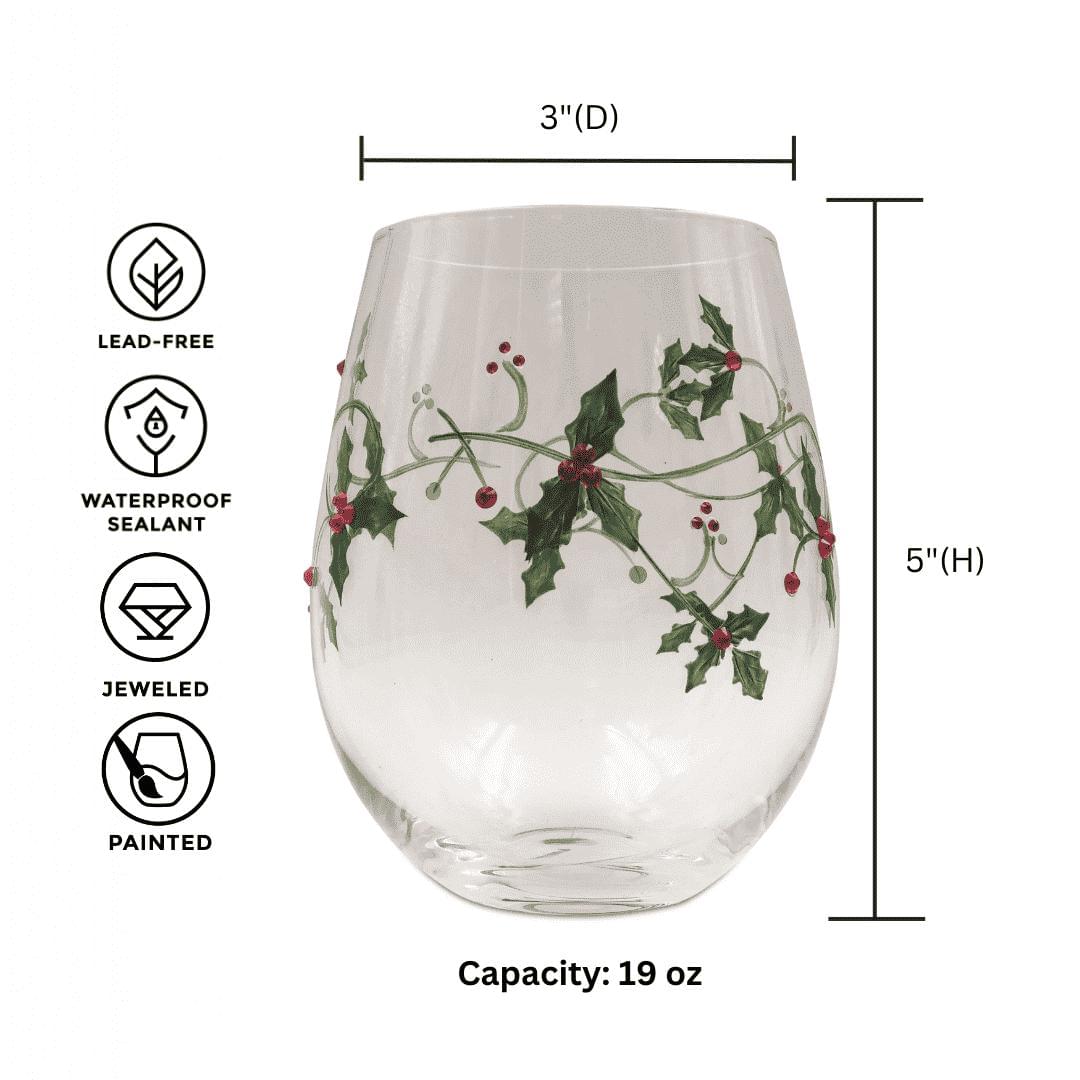 Christmas Holly Stemless Wine Glasses-Wine Glasses > Stemless > Painted & Jeweled-tbgypsysoul