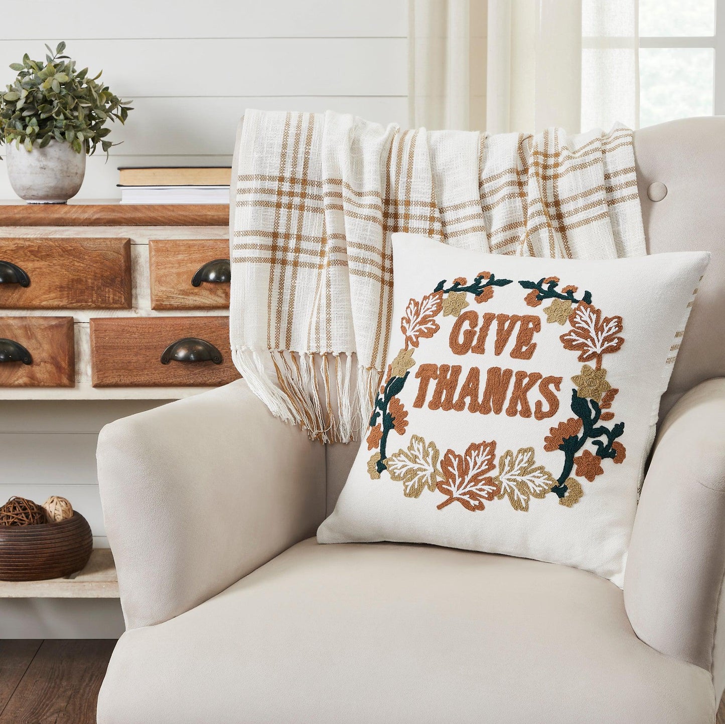 Embroidered Farmhouse Give Thanks Plaid Pillow Cover-Throw Pillow-tbgypsysoul