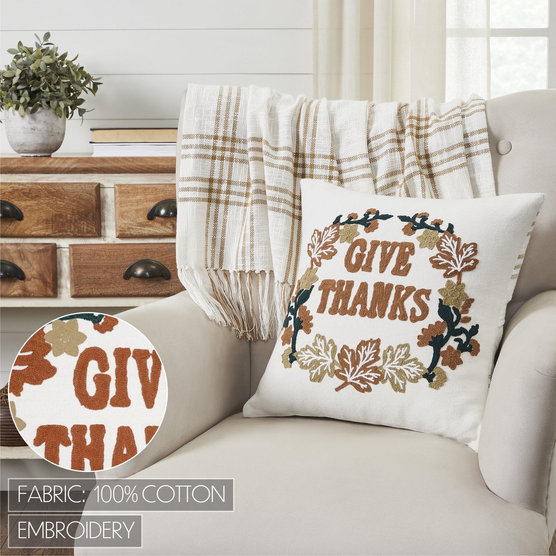 Embroidered Farmhouse Give Thanks Plaid Pillow Cover-Throw Pillow-tbgypsysoul