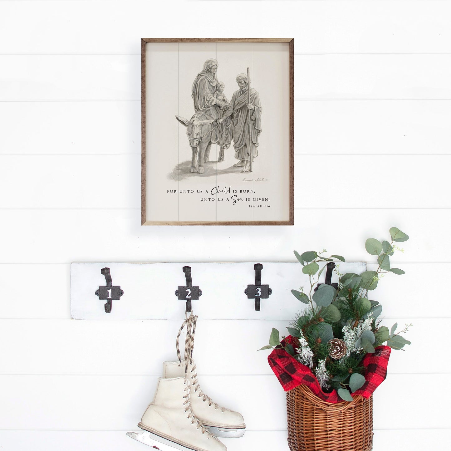 For Unto Us A Child Is Born Isaiah 9 6 White By Bonnie Mohr-Walnut Frames-tbgypsysoul