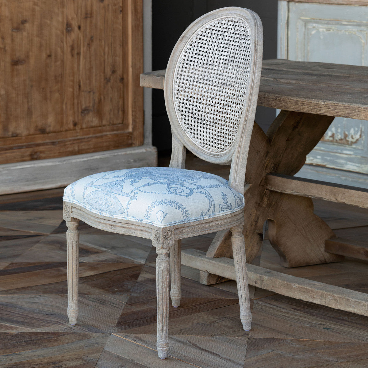 French Blue Bouquet Cane Back Dining Chair-Dining Chair-tbgypsysoul