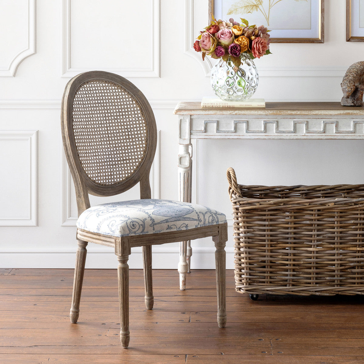 French Blue Bouquet Cane Back Dining Chair-Dining Chair-tbgypsysoul