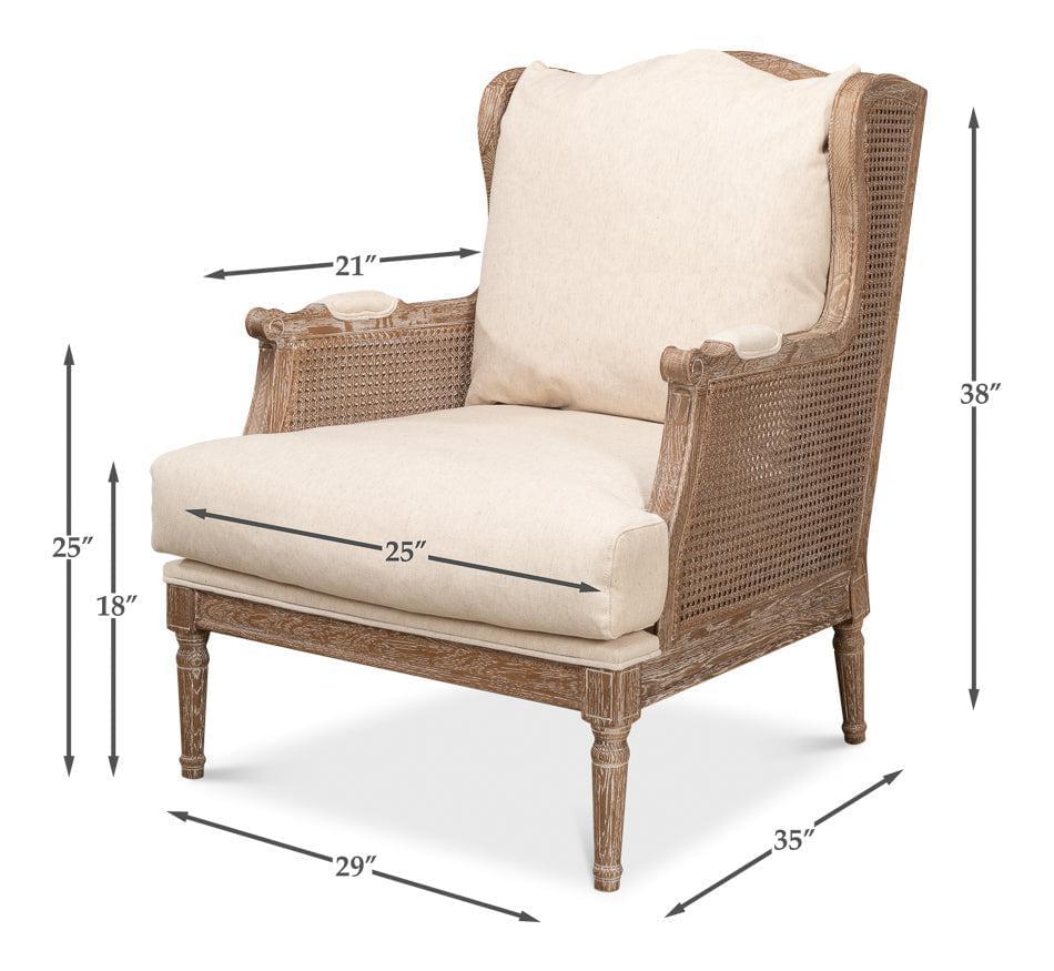 Whitewash oak cane accent chair with cream linen blend cushion and white glove delivery included showing dimensions of the chair.