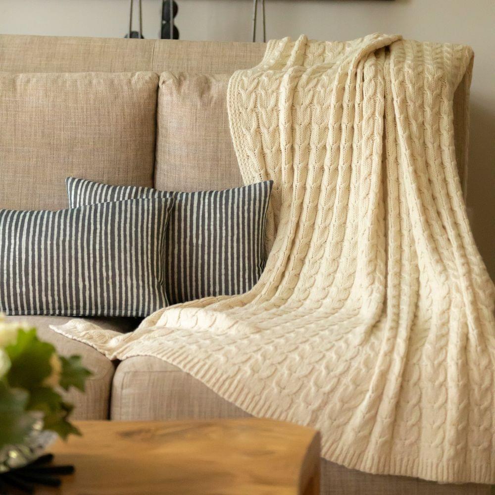 Muru Collection - Pima Cotton & Undyed Baby Alpaca Ivory Cable Throw-Blanket-tbgypsysoul