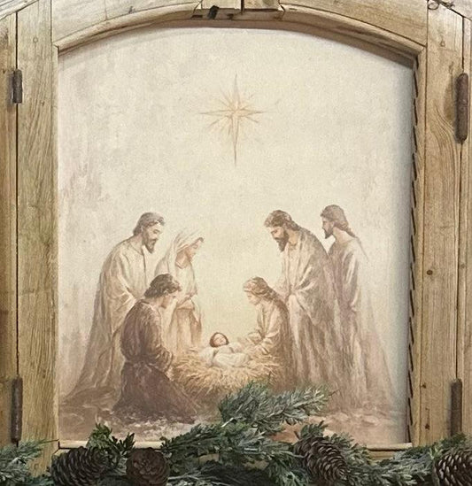 Nativity in Antique Wooden Arched Window Frame-Wall Art-tbgypsysoul