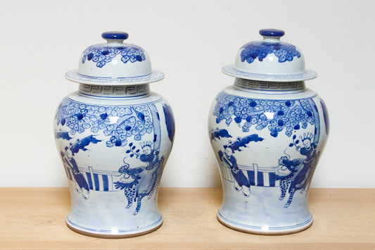 Pair of Vintage Blue & White Porcelain Jars-Decorative Chinoiserie Jars-tbgypsysoul