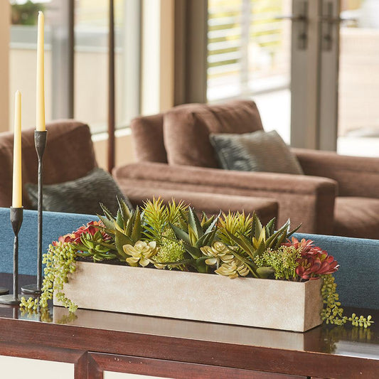 Rectangular Artificial Succulent Arrangement, Natural Planter-Faux Plant-tbgypsysoul