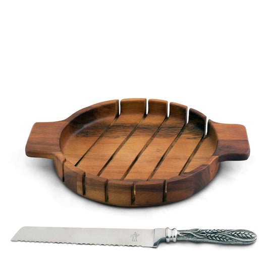 Round Bread Board with Pewter Wheat Knife-Harvest-tbgypsysoul