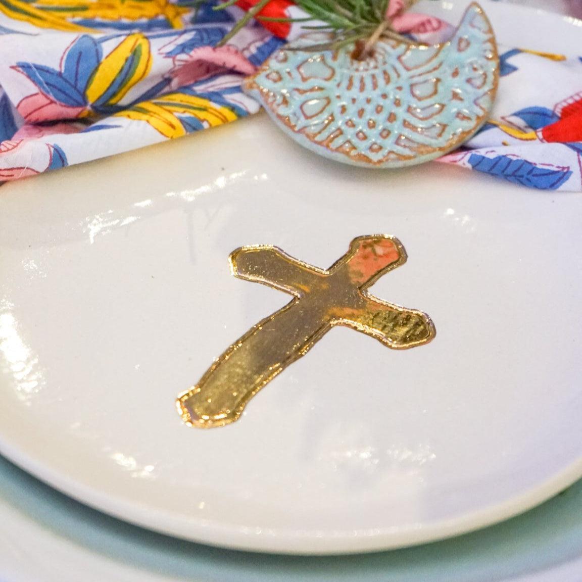 Small Ceramic Gold Leaf Cross Plate-Ceramic-tbgypsysoul