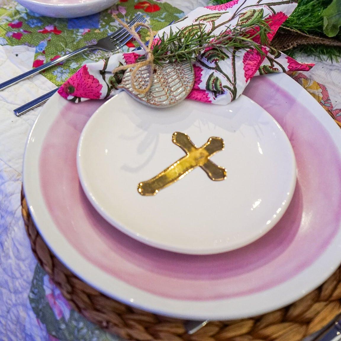 Small Ceramic Gold Leaf Cross Plate-Ceramic-tbgypsysoul