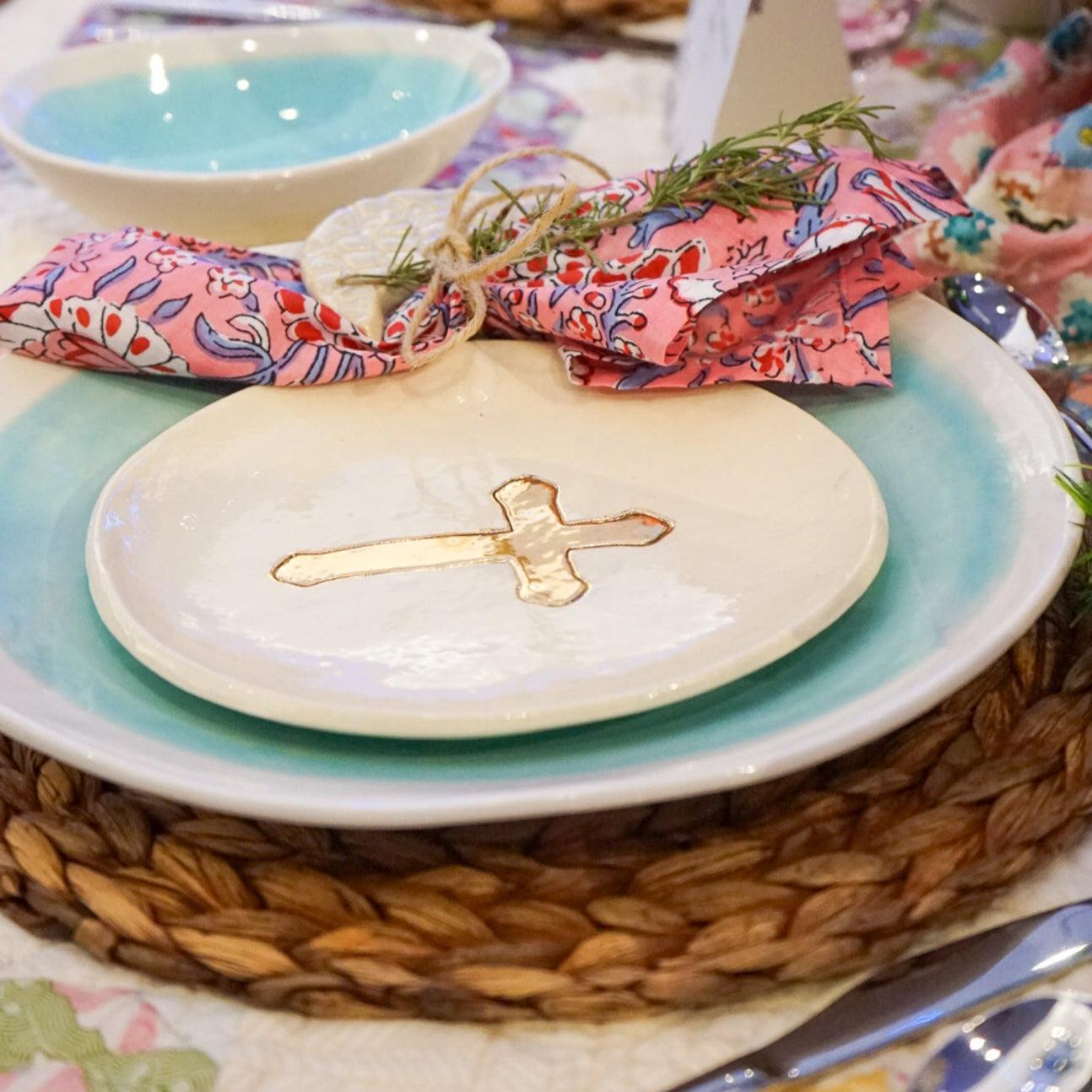 Small Ceramic Gold Leaf Cross Plate-Ceramic-tbgypsysoul