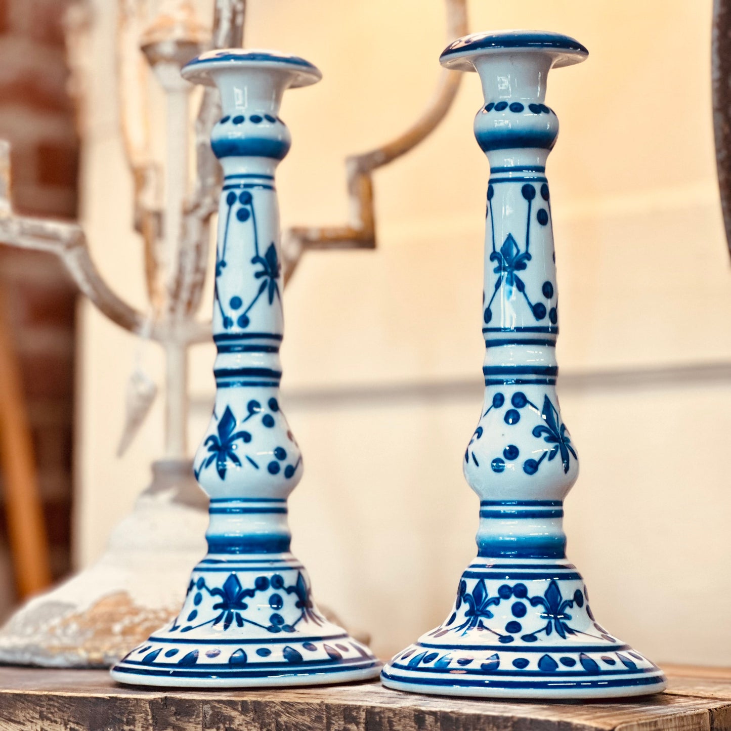 Tall Vintage French Blue and White Ceramic Candlesticks-tbgypsysoul
