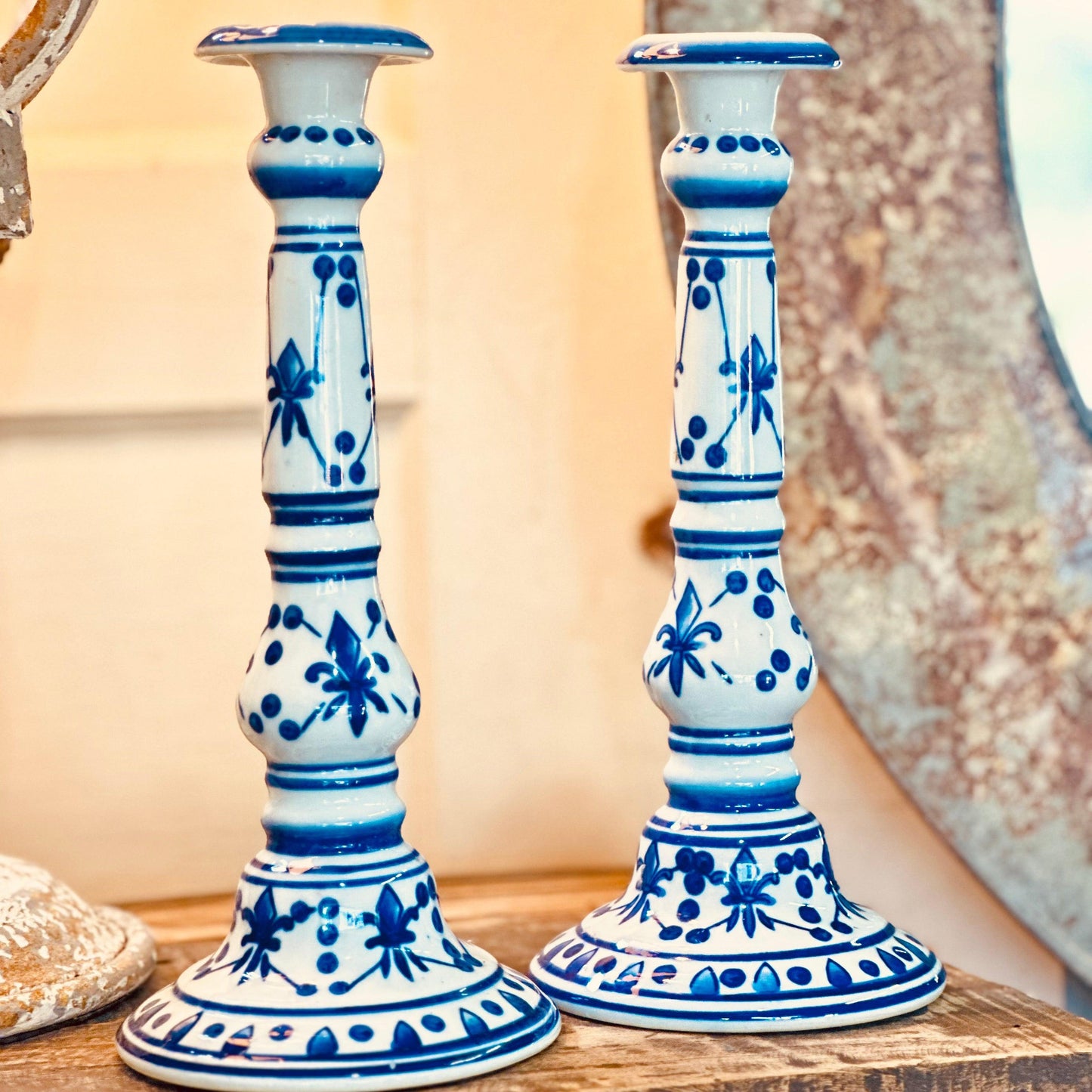 Tall Vintage French Blue and White Ceramic Candlesticks-tbgypsysoul