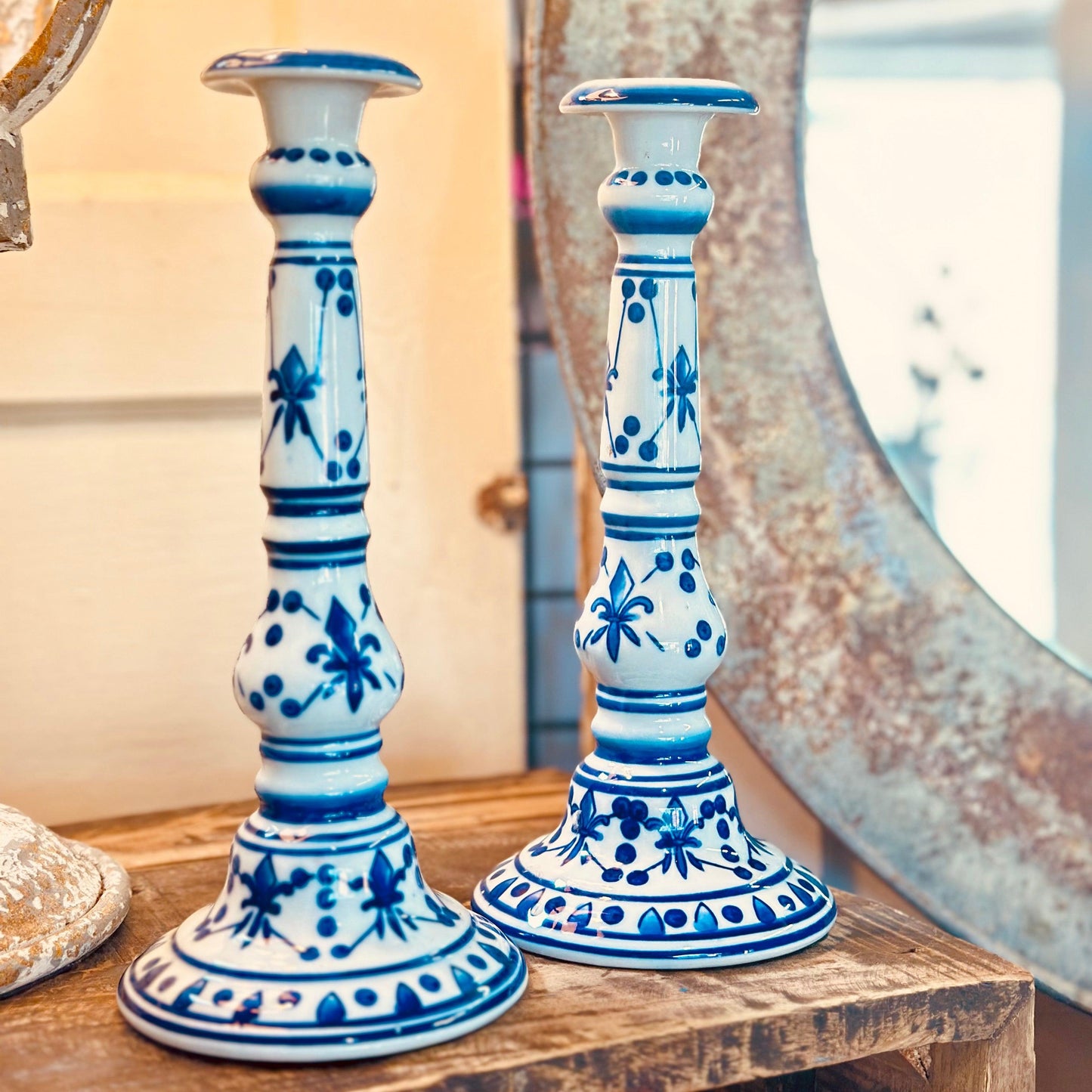 Tall Vintage French Blue and White Ceramic Candlesticks-tbgypsysoul