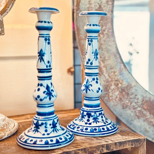 Tall Vintage French Blue and White Ceramic Candlesticks-tbgypsysoul