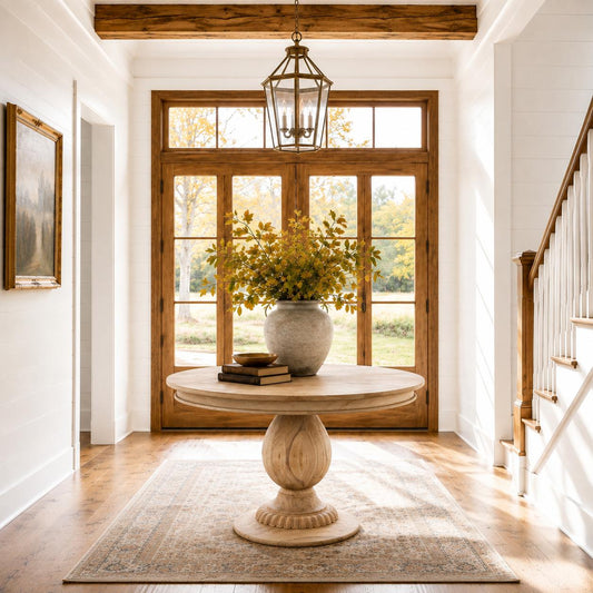A round wooden pedestal table in a bright, sunlit entryway with white walls, a large window, a hanging lantern light, and a staircase on the right. The table is styled with a large gray ceramic vase of yellow-green foliage and a small stack of books.