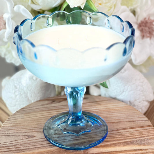Vintage Blue Glass Pedestal serving Bowl - Wedding Cake Soy Candle-Vintage Glass Candles-tbgypsysoul