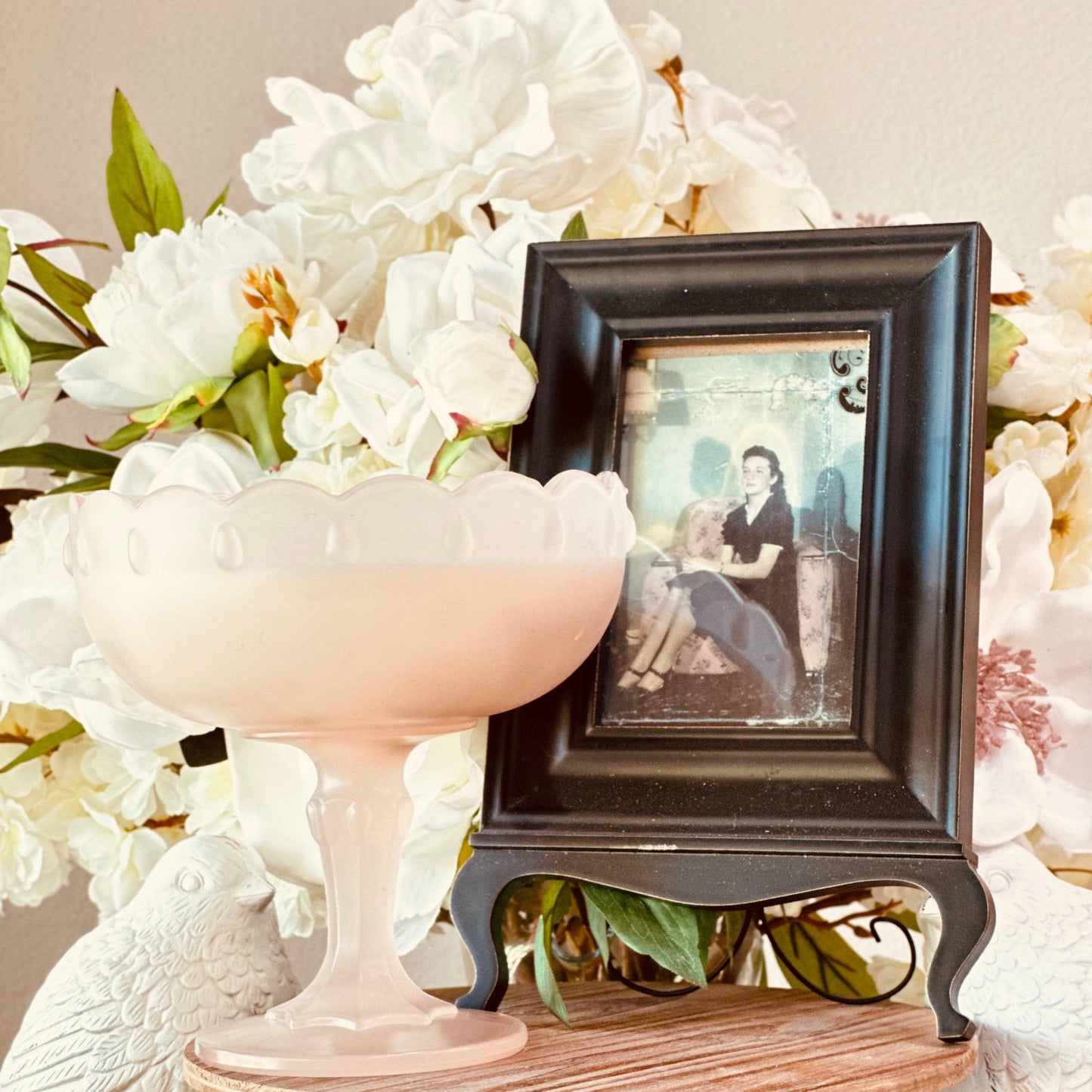 Vintage Frosted Pink Stemmed Serving Bowl - Southern Amaretto Soy Candle-Vintage Glass Candles-tbgypsysoul