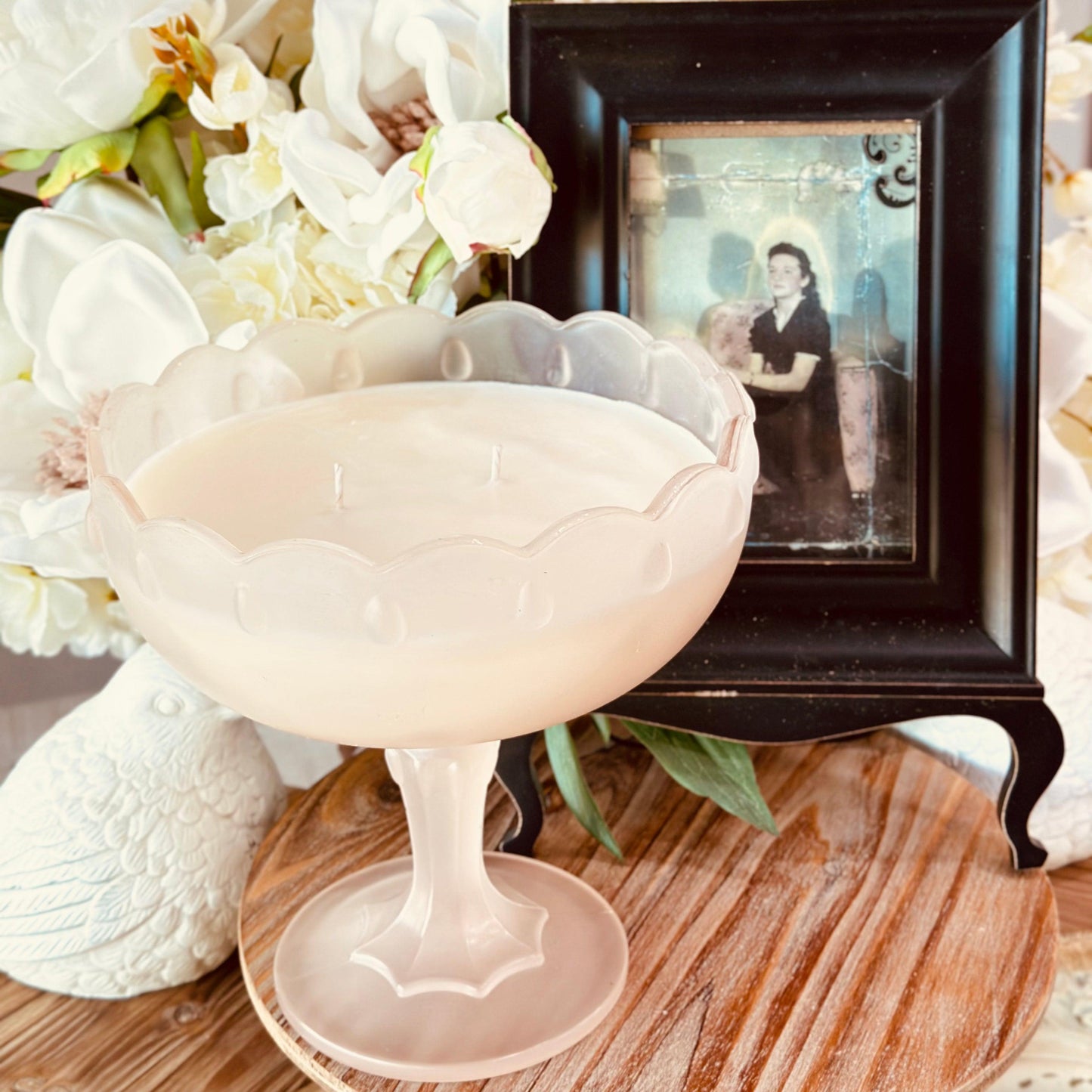 Vintage Frosted Pink Stemmed Serving Bowl - Southern Amaretto Soy Candle-Vintage Glass Candles-tbgypsysoul