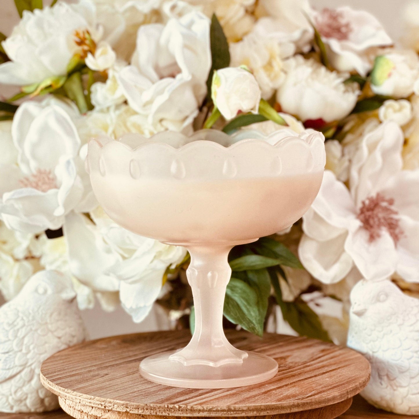 Vintage Frosted Pink Stemmed Serving Bowl - Southern Amaretto Soy Candle-Vintage Glass Candles-tbgypsysoul