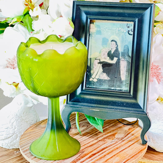Vintage Mid-Century Modern Satin Green Pedestal Glass - Southern Amaretto Soy Candle-Vintage Glass Candles-tbgypsysoul