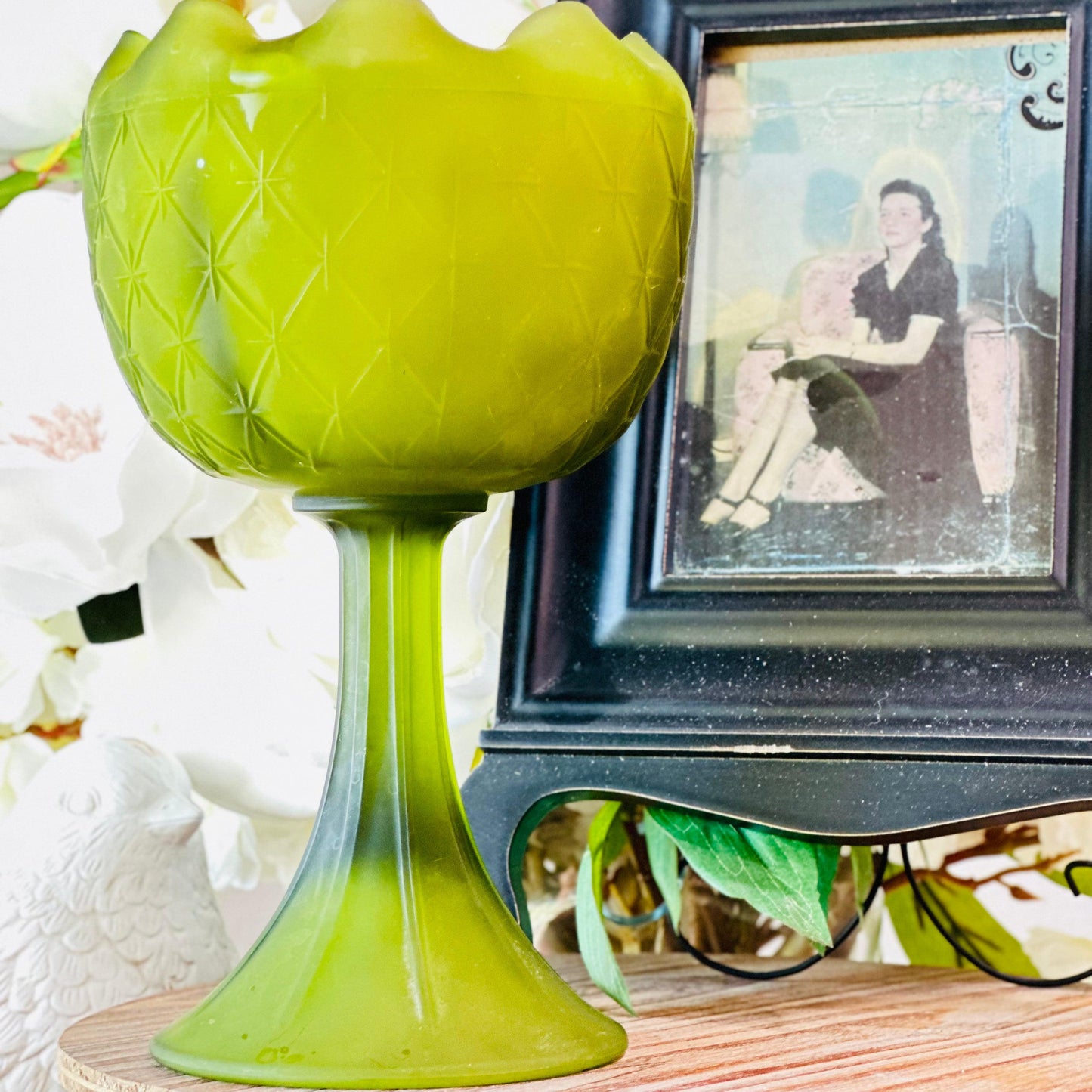 Vintage Mid-Century Modern Satin Green Pedestal Glass - Southern Amaretto Soy Candle-Vintage Glass Candles-tbgypsysoul