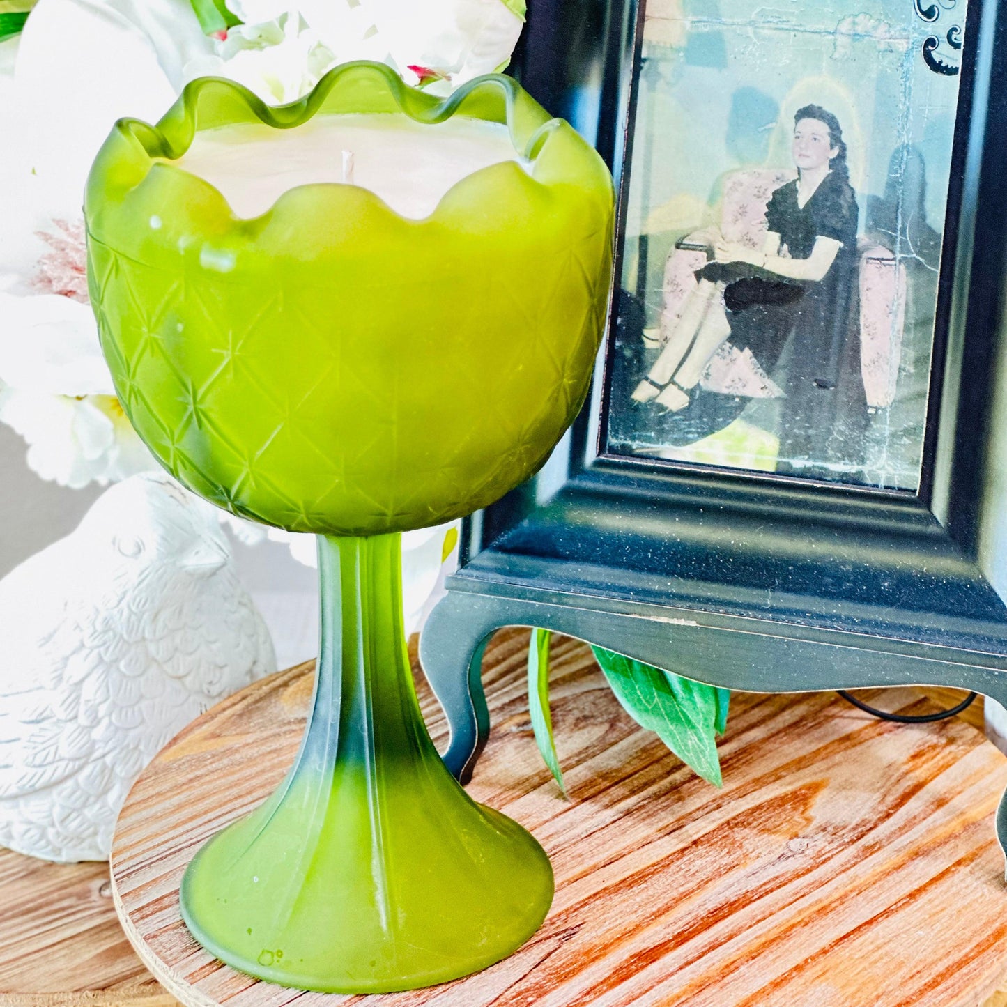 Vintage Mid-Century Modern Satin Green Pedestal Glass - Southern Amaretto Soy Candle-Vintage Glass Candles-tbgypsysoul