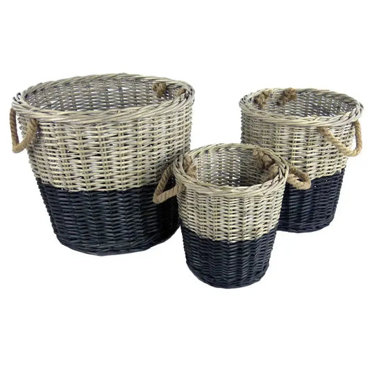 Three wicker baskets with black bottom halves on a white background