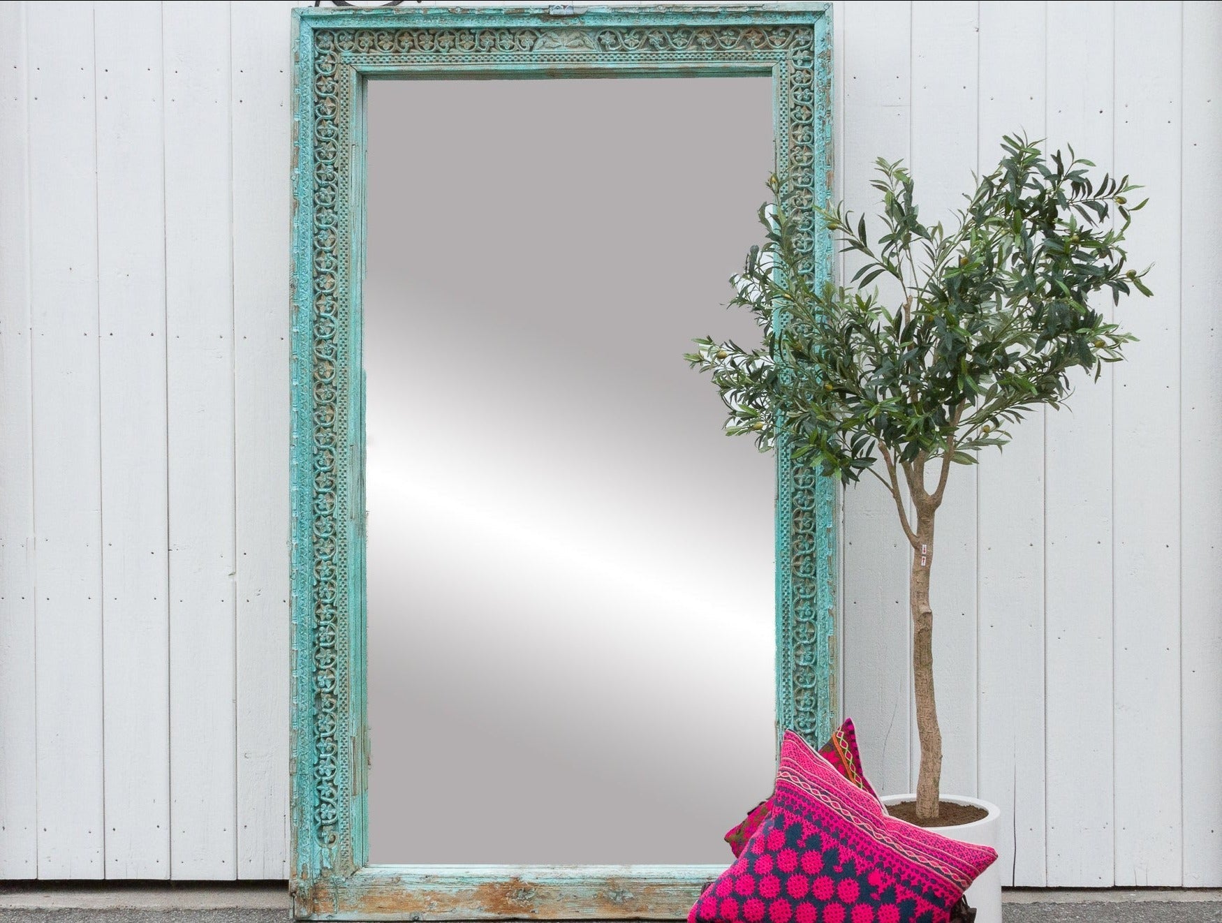 19th Century Indo-French Aqua Carved Floor Mirror-tbgypsysoul