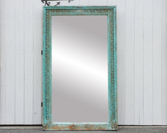 19th Century Indo-French Aqua Carved Floor Mirror-tbgypsysoul