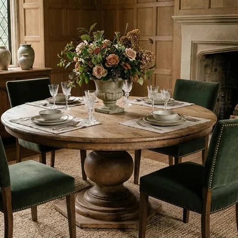 Reclaimed Pine Wood Round Pedestal Dining Table - White Glove Included.
