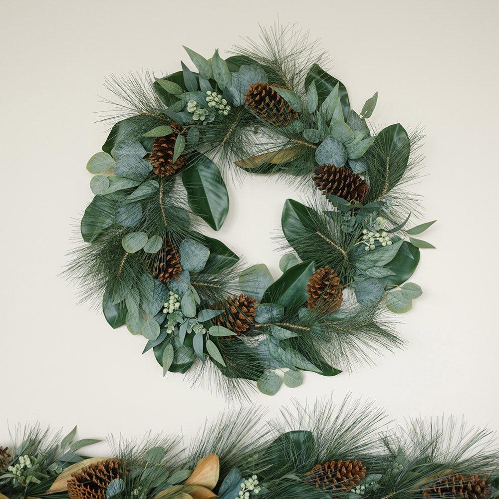 28" Magnolia, Eucalyptus, Pinecone, & Needle Pine Wreath-Christmas Greenery-tbgypsysoul