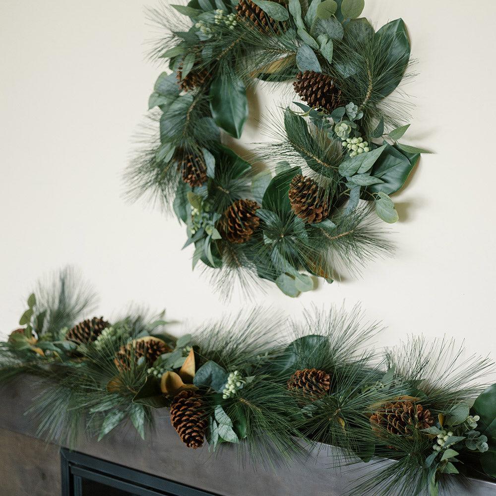 28" Magnolia, Eucalyptus, Pinecone, & Needle Pine Wreath-Christmas Greenery-tbgypsysoul