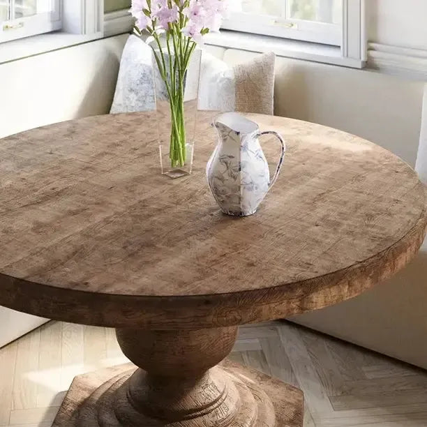 Reclaimed Pine Wood Round Pedestal Dining Table - White Glove Included.