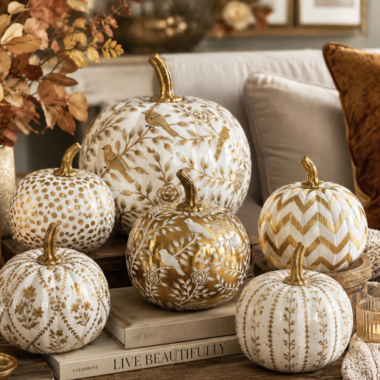 A set of decorative pumpkins in warm autumn tones, featuring white and gold patterns including floral motifs, chevron stripes, and polka dots, styled on books in a cozy living room setting.