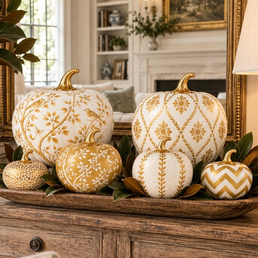 A decorative autumn pumpkin arrangement displayed on a wooden tray in a warm, elegant living room setting. The set includes multiple pumpkins in cream and gold patterns, including a large diamond-patterned pumpkin, a chevron-patterned pumpkin, and textured gold pumpkins, accented with green leaves.