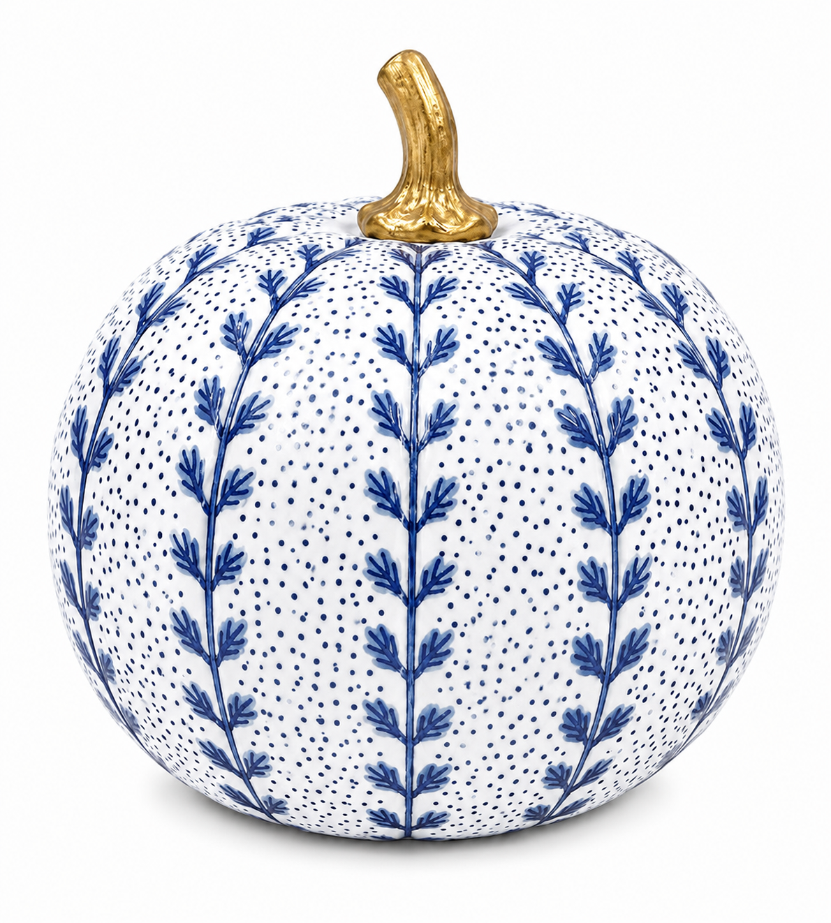 A decorative ceramic pumpkin with a white glaze, decorated with blue botanical leaf patterns and tiny blue dots, topped with a metallic gold stem, shown on a plain white background.