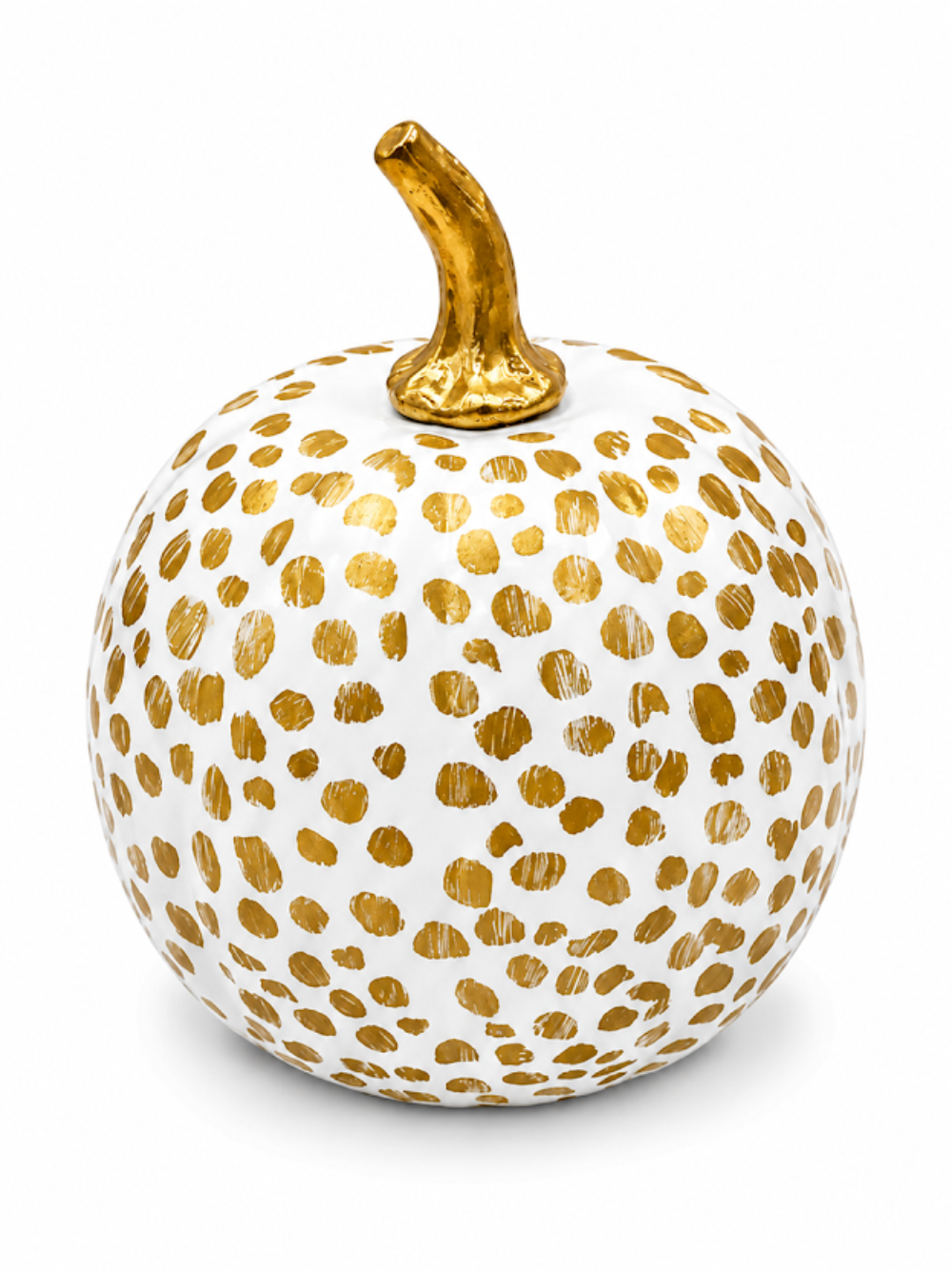A decorative ceramic pumpkin with a white body covered in hand-painted gold polka dots and a textured gold stem, shown on a clean white background.