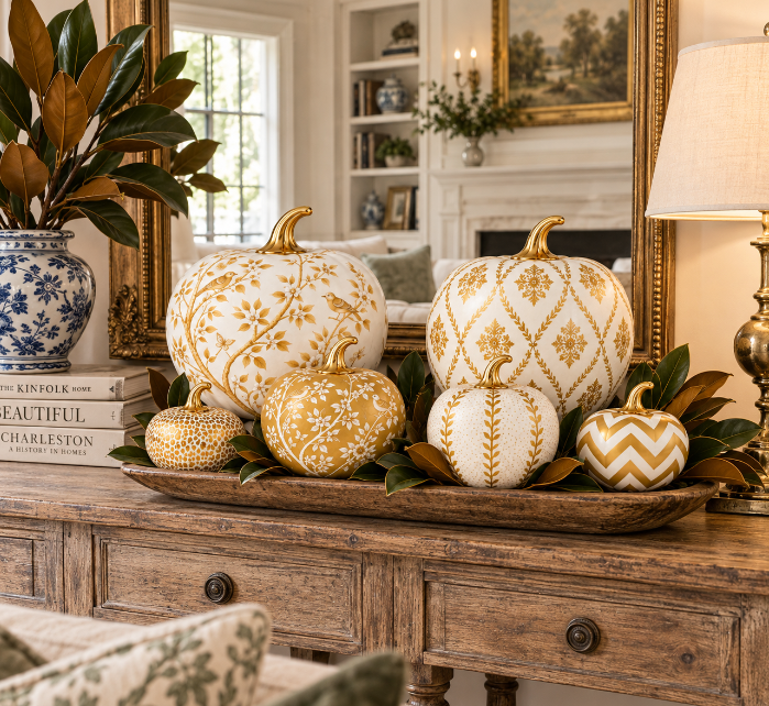 A styled autumn pumpkin decoration set in a wooden tray on a rustic wooden console table, featuring white and gold patterned pumpkins with green leaves, set in a beautifully decorated living room.