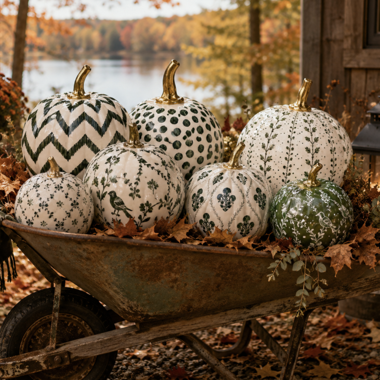 A rustic wheelbarrow filled with decorative pumpkins in an autumn outdoor setting near a lake. The pumpkins are cream and green with various patterns including chevrons, dots, and floral motifs, surrounded by fallen leaves and a plaid throw blanket.