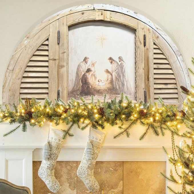 Nativity in Antique Wooden Arched Window Frame