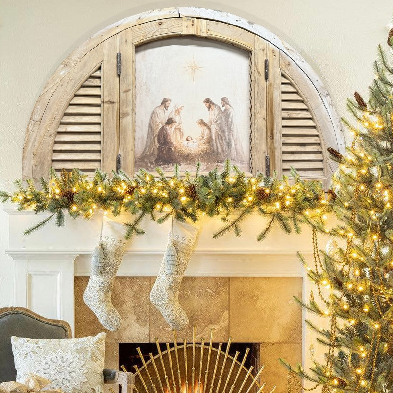 Nativity in Antique Wooden Arched Window Frame